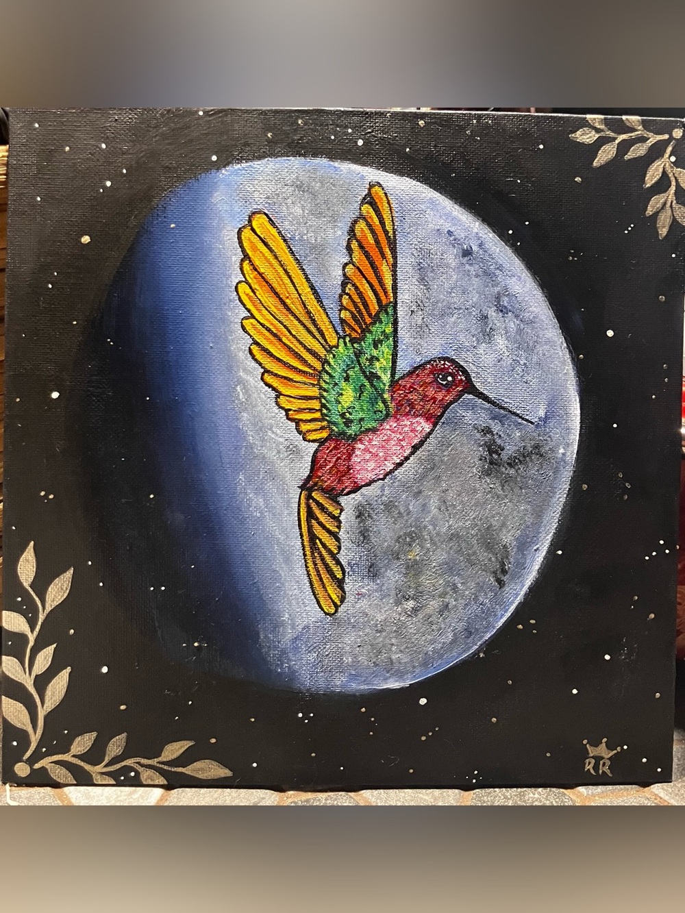 10inx10in Hummingbird and Moon painting by Ruby Reyna arts